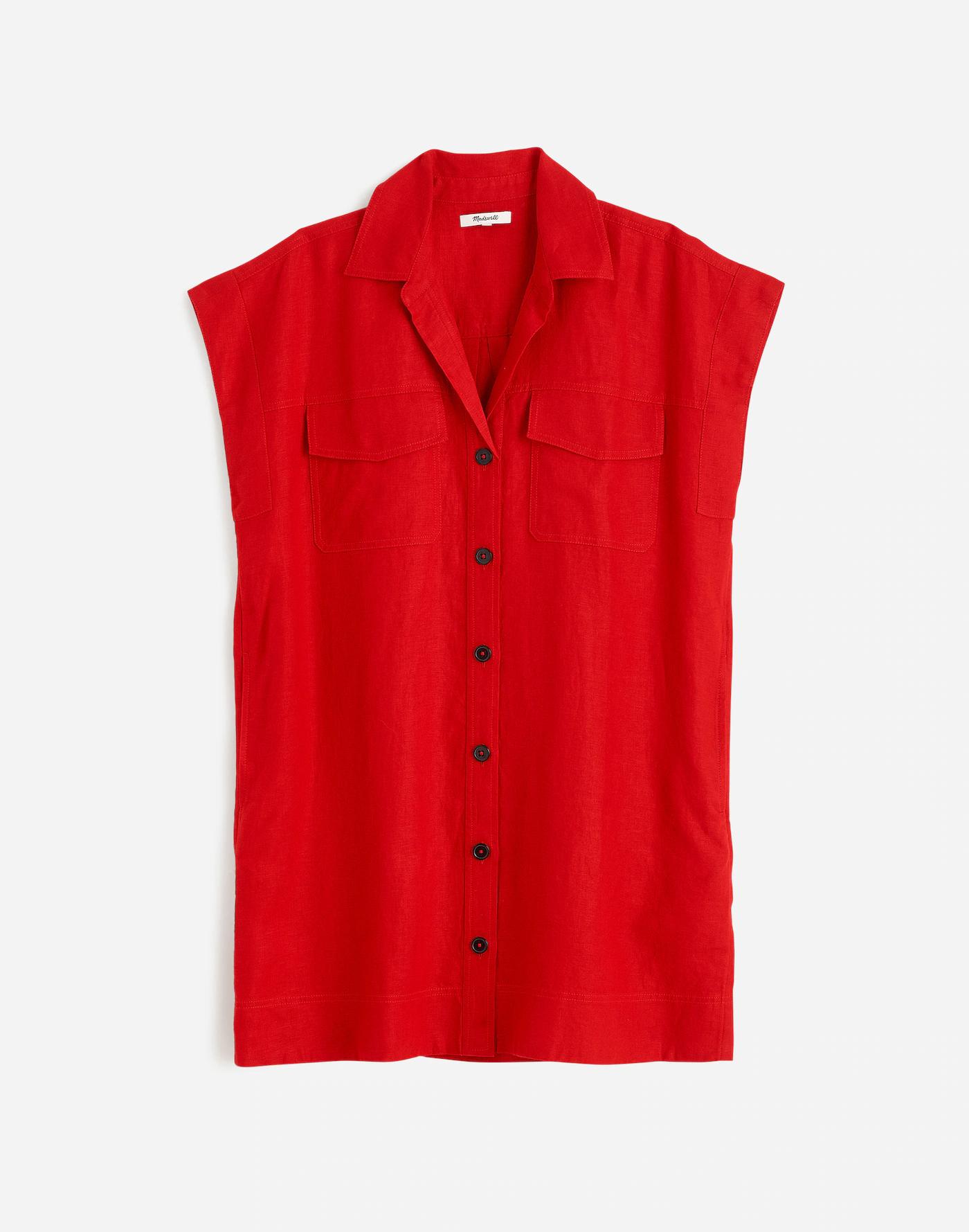 Utility Short-Sleeve Mini Shirtdress in 100% Linen Product Image