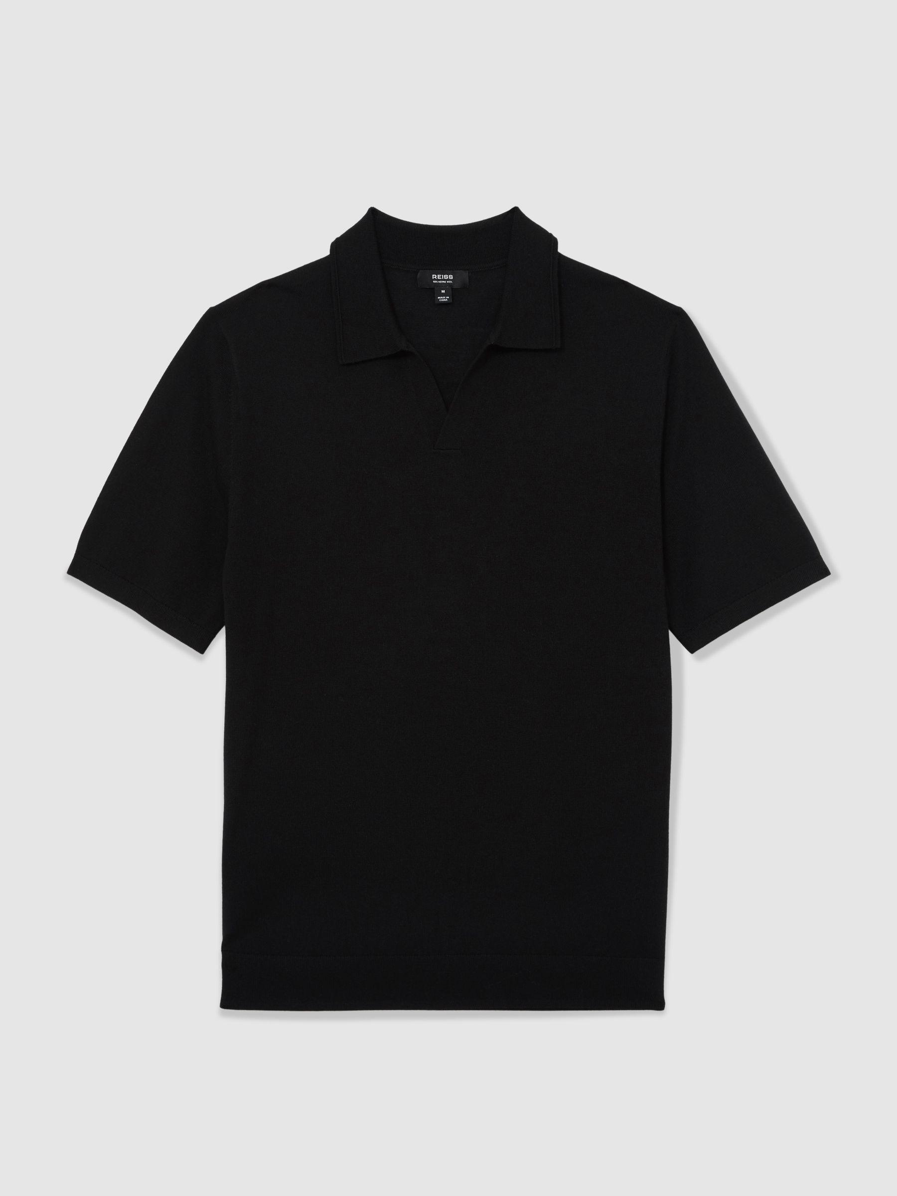 Merino Wool Open-Collar Polo Shirt in Black Product Image