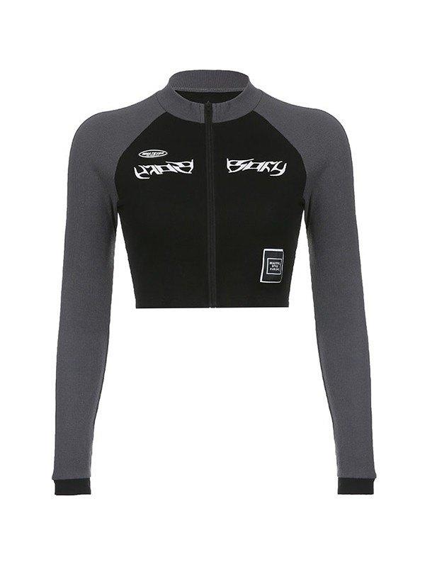 Patchwork Zip Up Long Sleeve Crop Top Product Image