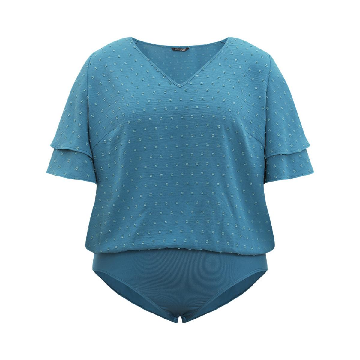 Plus Size Polka Dot V Neck Ruffle Layered Sleeve Bodysuit Women Cerulean Plain Elastic Waist Bodysuits BloomChic 14-16/1X Product Image