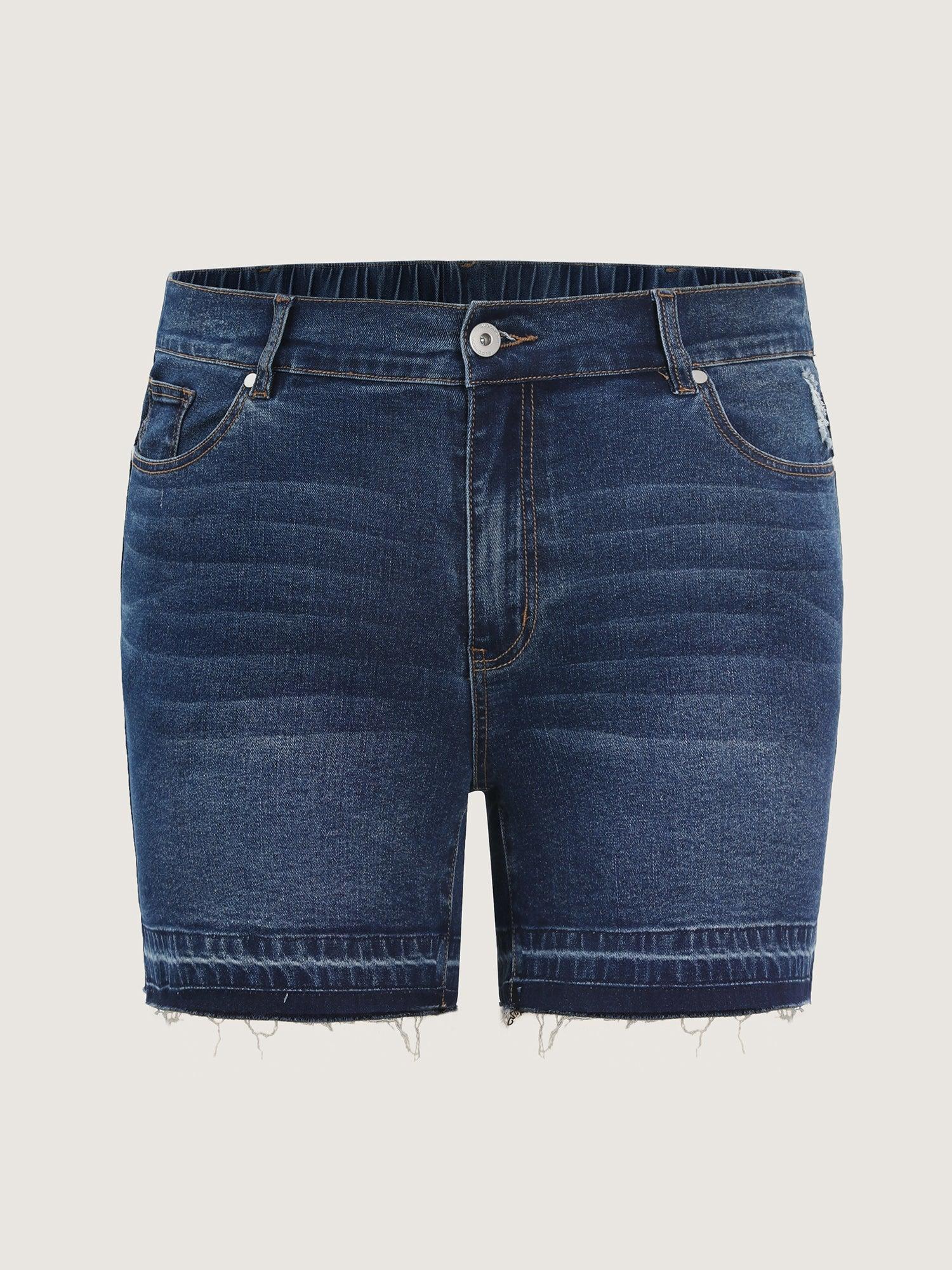 Stretchy Waist Ripped Hem Denim Shorts Female Product Image
