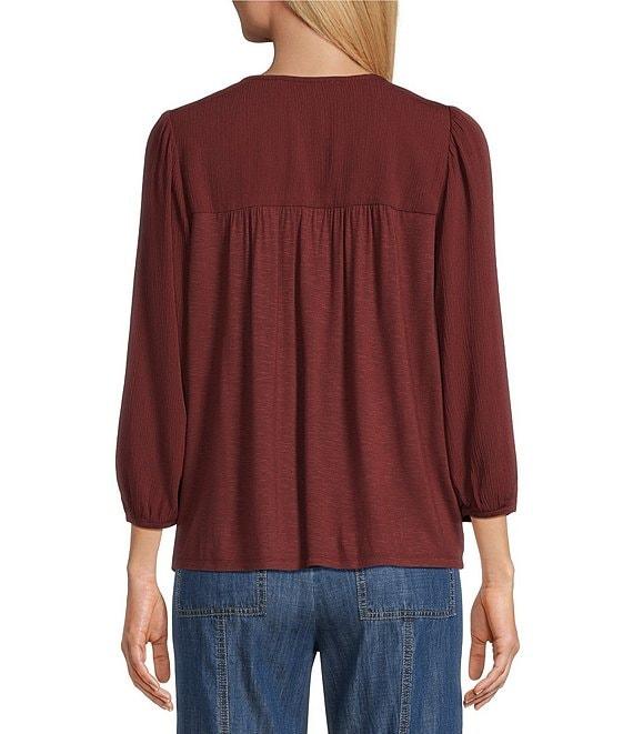 Nurture Gauze 3/4 Sleeve Keyhole Neck Embroidered Lace Square Yoke Top Product Image