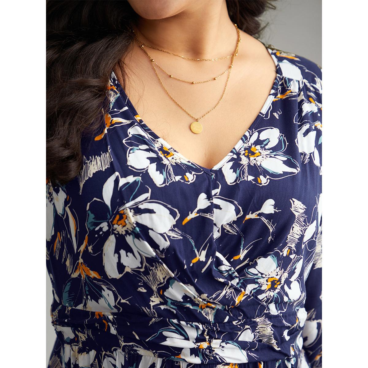 Plus Size Floral Print Ruched Plicated Detail Dress DarkBlue Women Elegant Elastic cuffs V-neck Long Sleeve Curvy Midi Dress BloomChic 18-20/2X Product Image