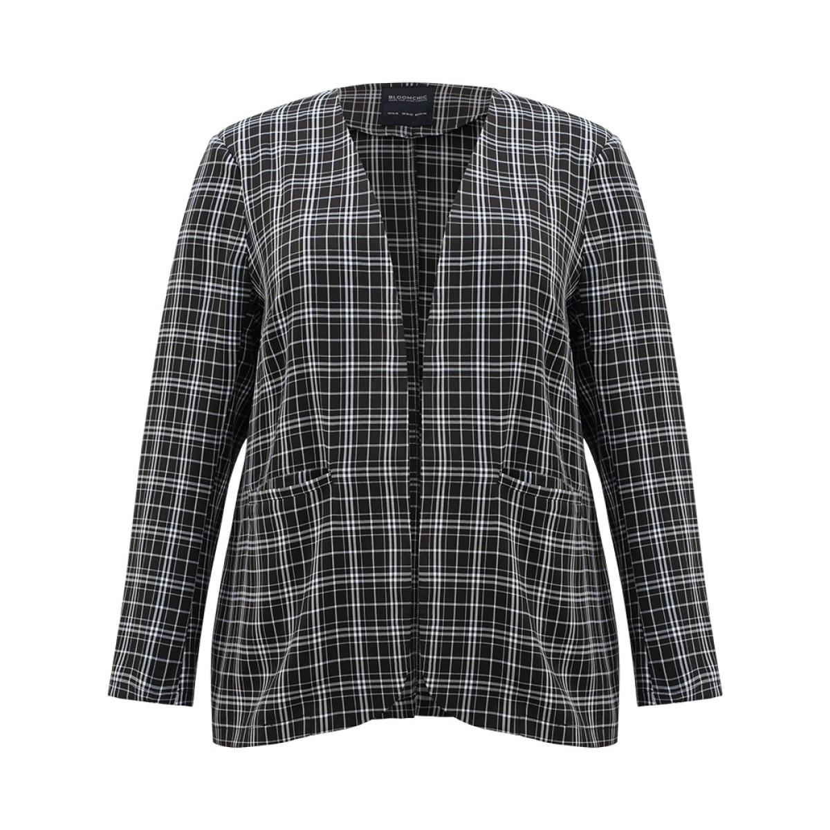 Plus Size Plaid Pocket Open Front Blazer Black Women Dailywear Plaid Pocket Sleeve Long Sleeve Open Front 18-20/2X Pocket Casual Blazers BloomChic Product Image