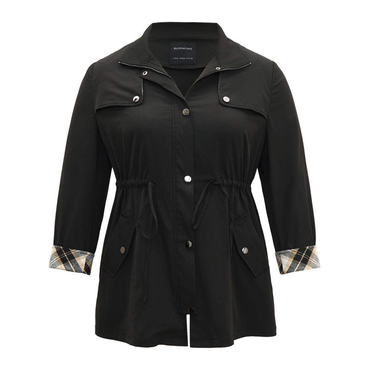 Plus Size Wind-Resistant Plaid Patchwork Drawstring Zipper Coat Women Black Contrast Pocket Dailywear Jackets BloomChic 10/M Product Image