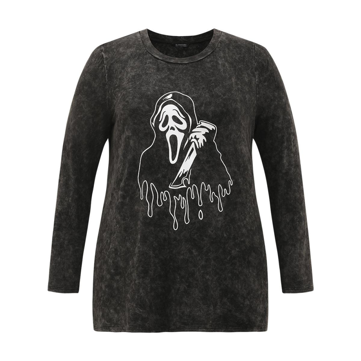 Plus Size Halloween Supersoft Essentials Skull Print Vintage T-shirt Black Women Casual Printed Halloween Festival-Halloween T-shirts BloomChic 14-16/1X Product Image