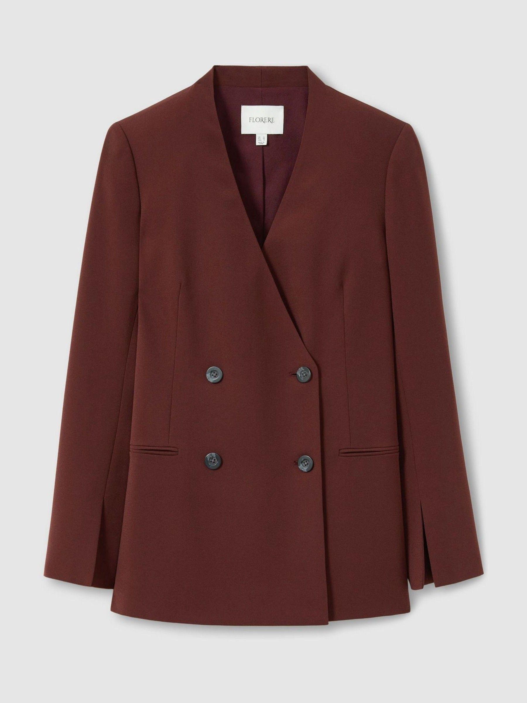 Florere Burgundy Collarless Double Breasted Blazer in Burgundy Product Image