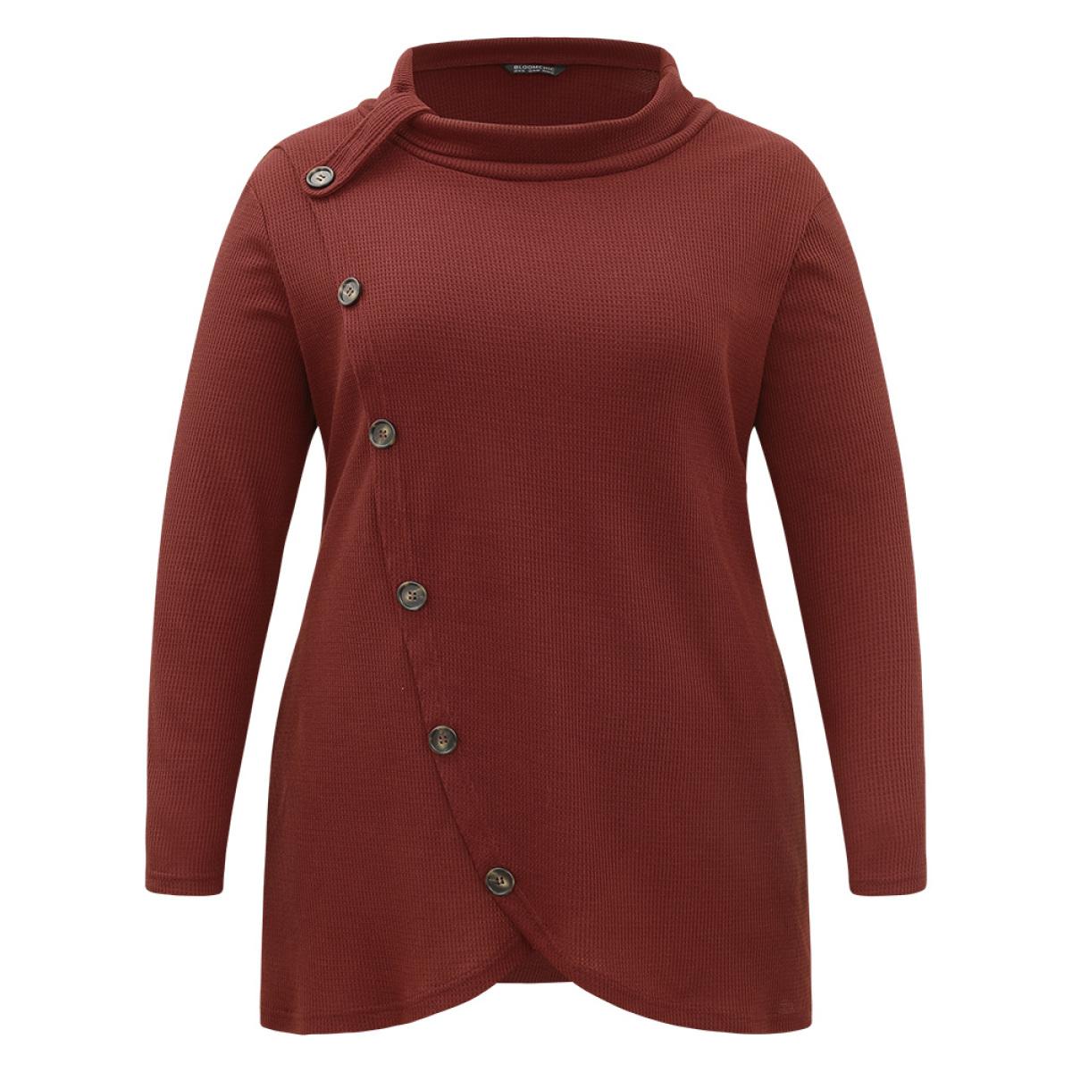 Plus Size Rib Knit Mock Neck Wrap Pocket Button Detail Sweatshirt Women Scarlet Casual Wrap Mock Neck Dailywear Sweatshirts BloomChic 22-24/3X Product Image