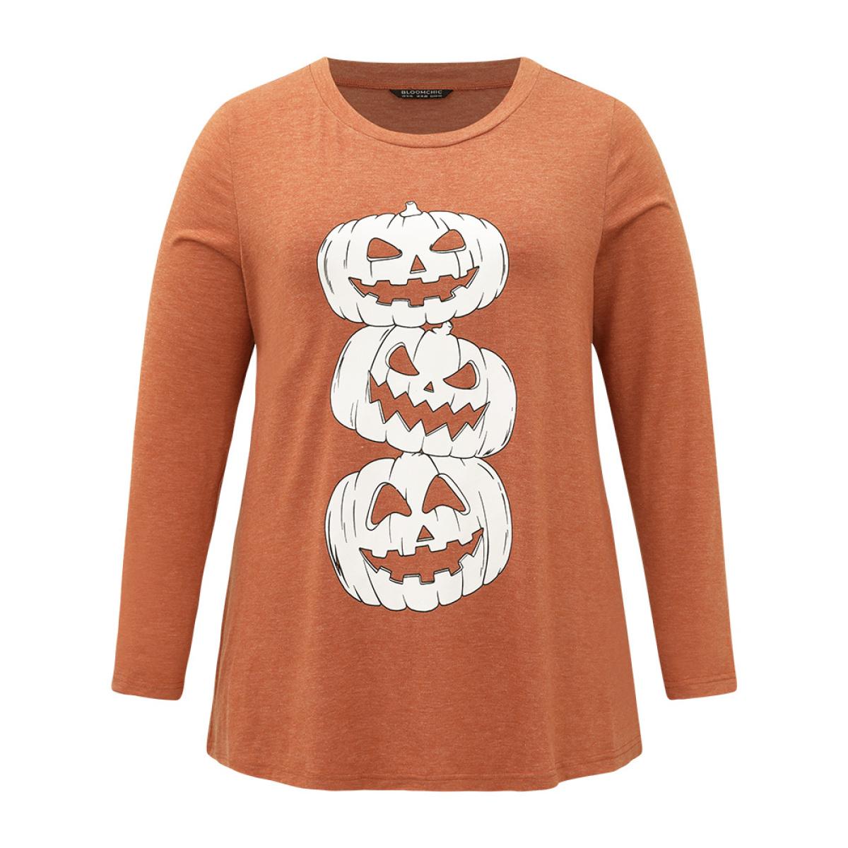 Plus Size Halloween Three Pumpkin Print Crew Neck T-shirt Chocolate Women Casual Printed Halloween Festival-Halloween T-shirts BloomChic 10/M Product Image