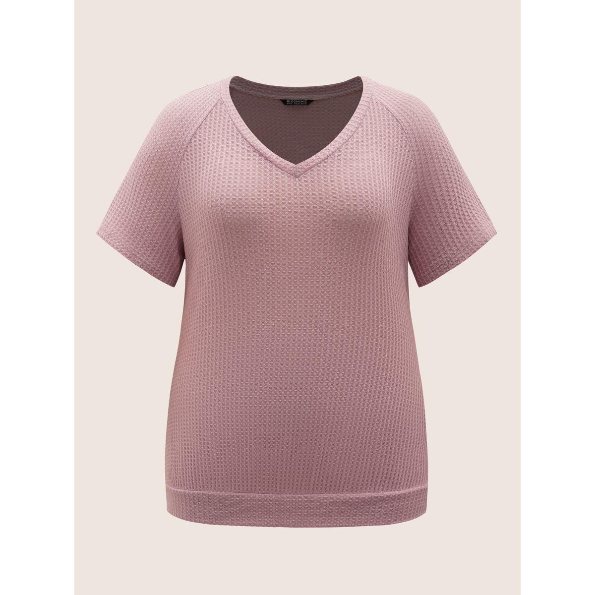 Plus Size Plain Waffle Knit V Neck T-shirt Rouge Women Casual Non V-neck Everyday T-shirts BloomChic 14-16/1X Product Image