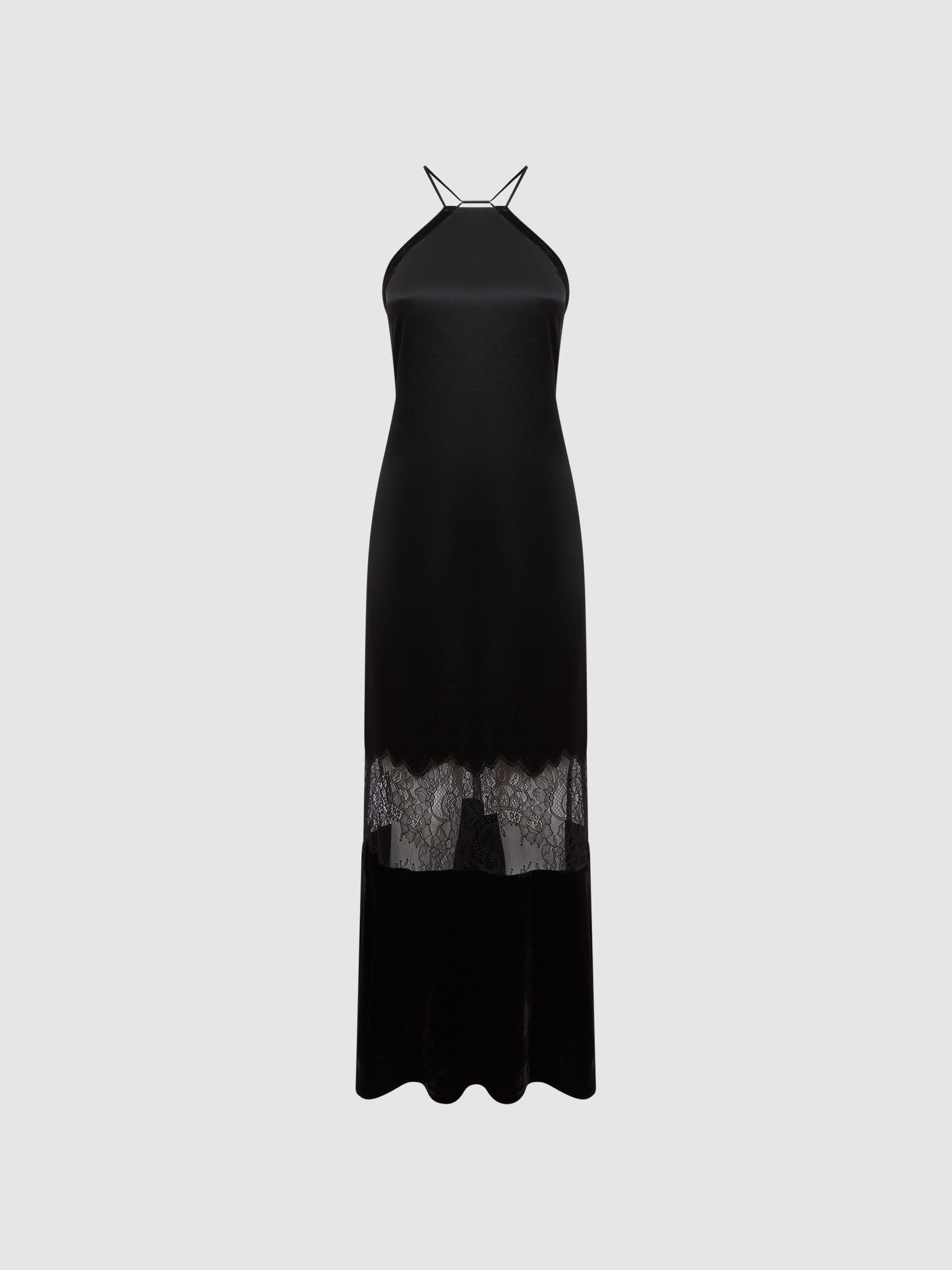 Fitted Satin-Velvet Midi Dress in Black Product Image