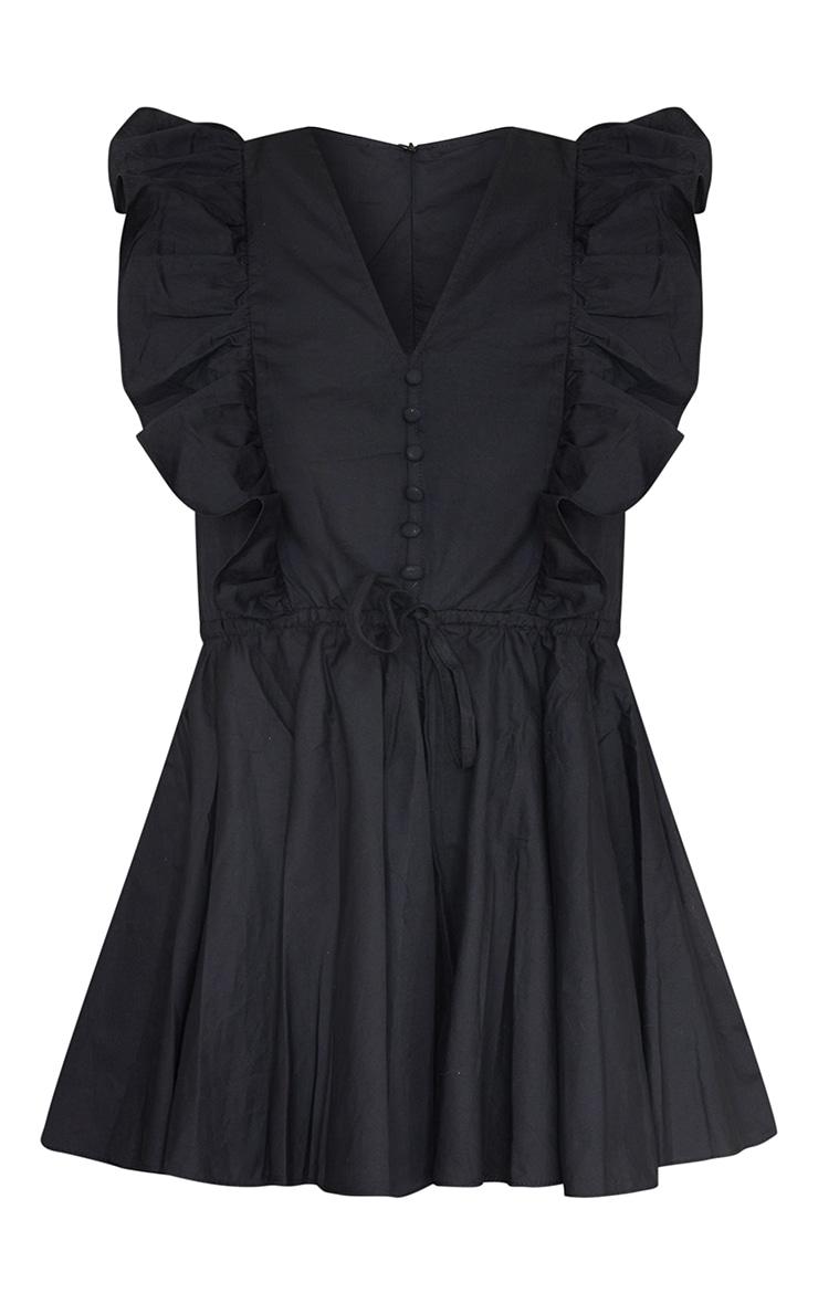 Black Poplin Button Detail Flare Short Romper Product Image