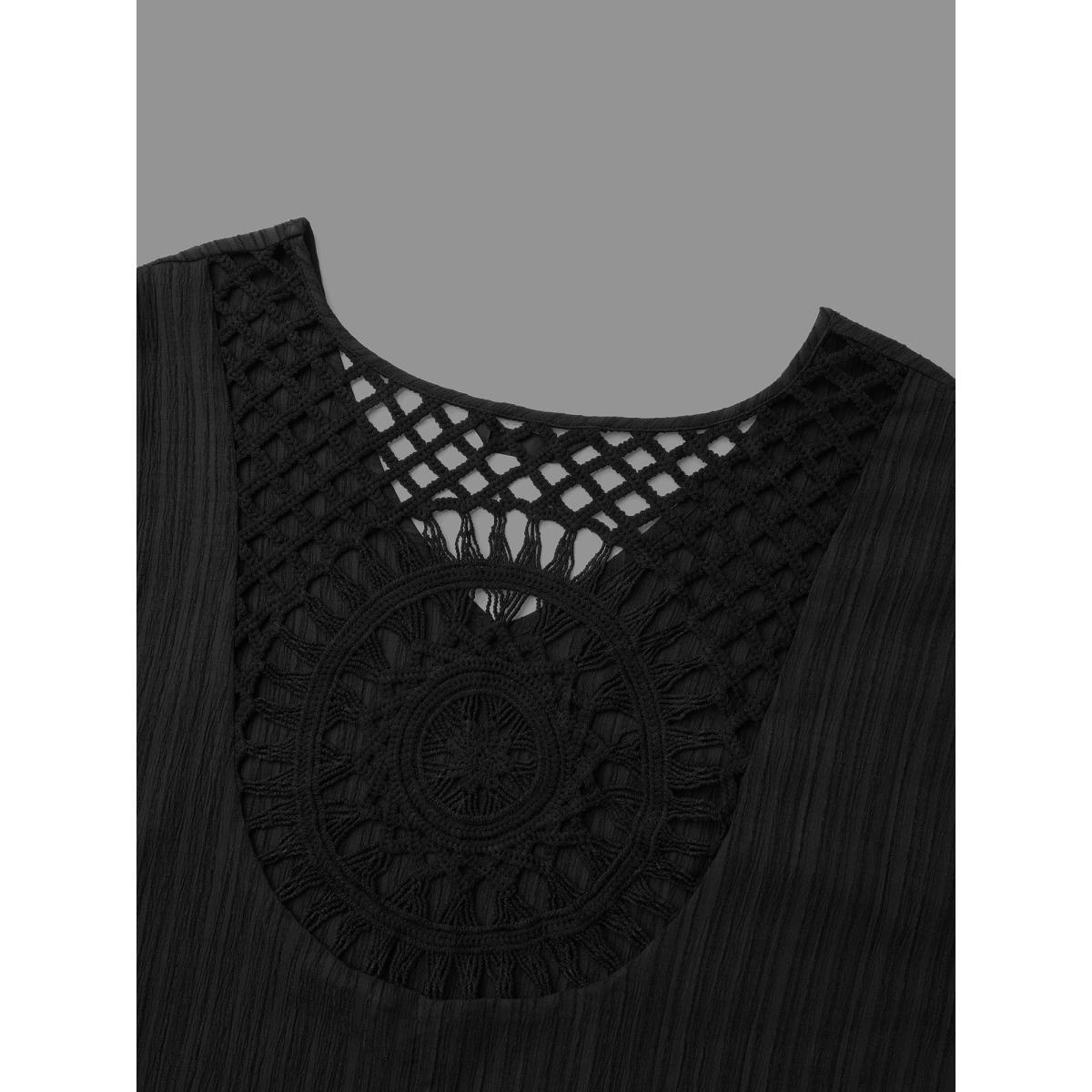 Plus Size V-Neck Cut-Out Tassels Spliced Midi Dress Black Women Resort Woven ribbon&lace trim V-neck Elbow-length sleeve Curvy BloomChic 28/5X Product Image