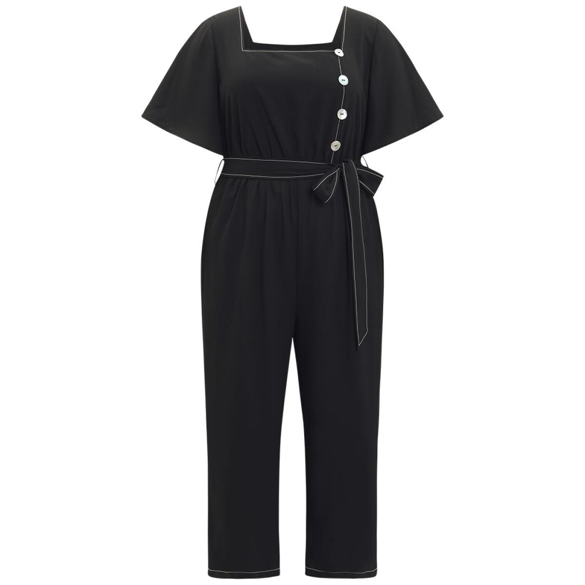 Plus Size Black Contrast Stitch Pocket Button Detail Belted Zipper Jumpsuit Women Office Short sleeve Square Neck Work Loose Jumpsuits BloomChic 28/5X Product Image
