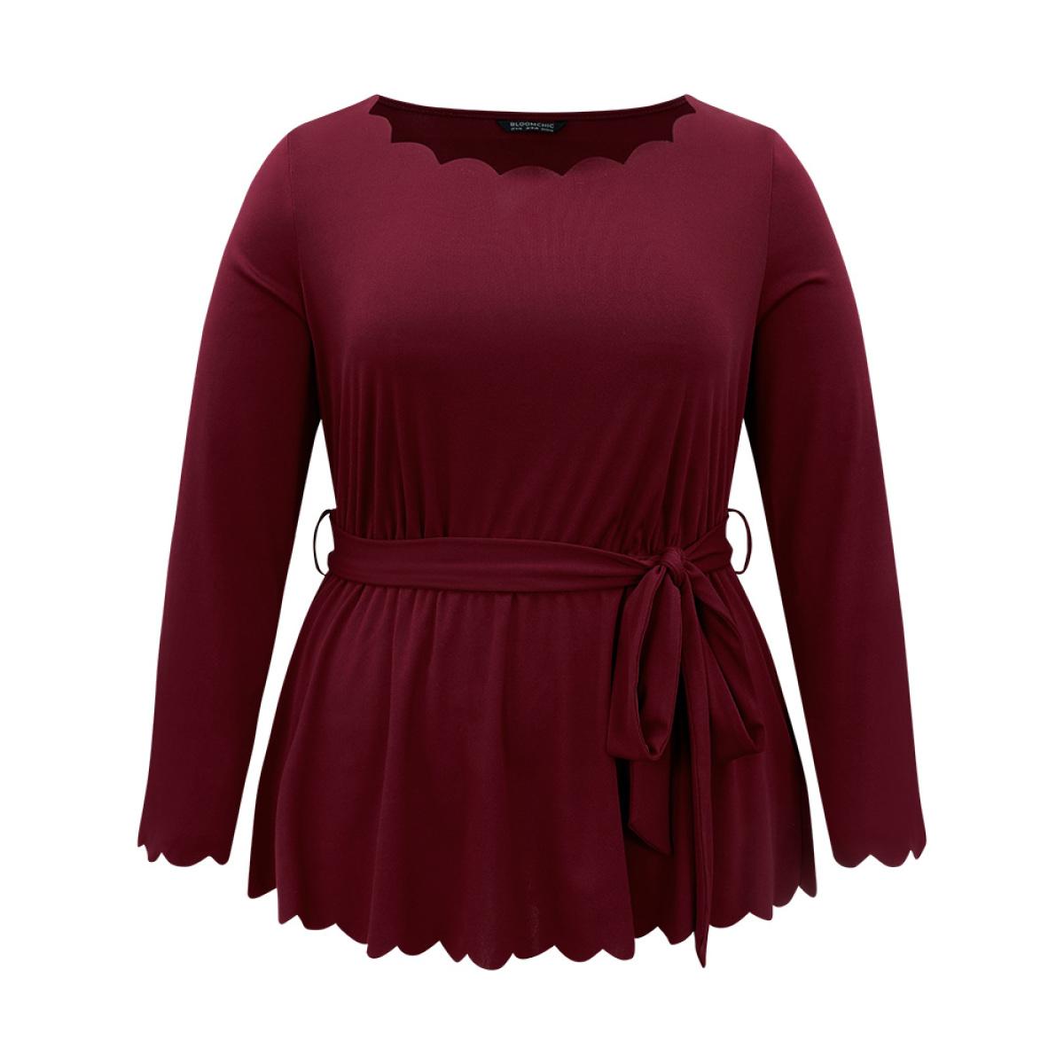 Plus Size Scarlet Solid Scalloped Trim Elastic Waist Belted Blouse Women Office Long Sleeve Round Neck Party Blouses BloomChic 10/M Product Image