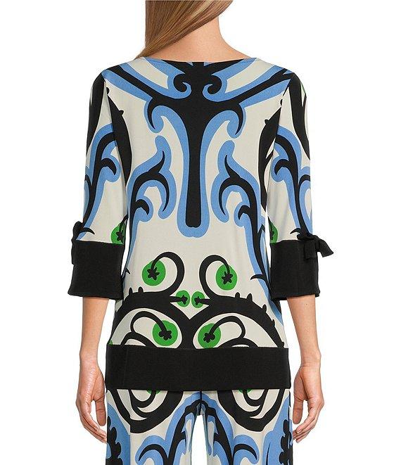 Eva Varro Baroque Print Knit Jersey Boat Neck 3/4 Tie Sleeve Tunic Product Image