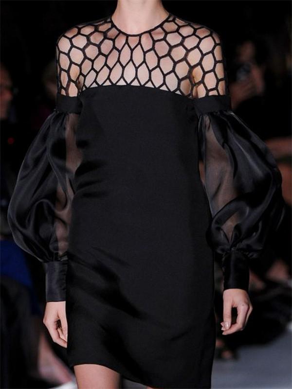 Long Sleeves Loose Hollow Solid Color Split-Joint Round-Neck Mini Dresses Product Image