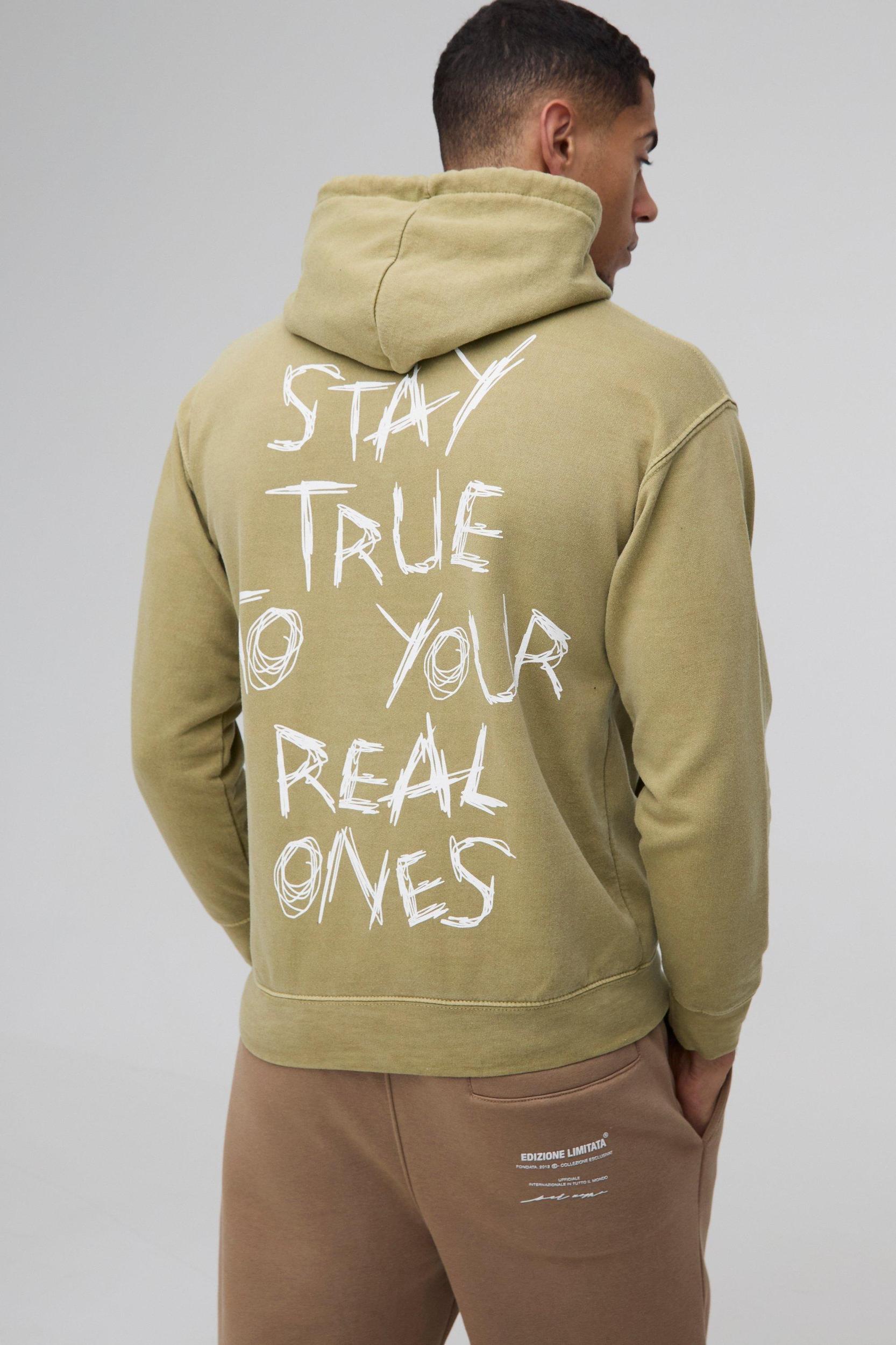 Regular Fit Washed Stay True Text Graphic Hoodie | boohooMAN USA Product Image