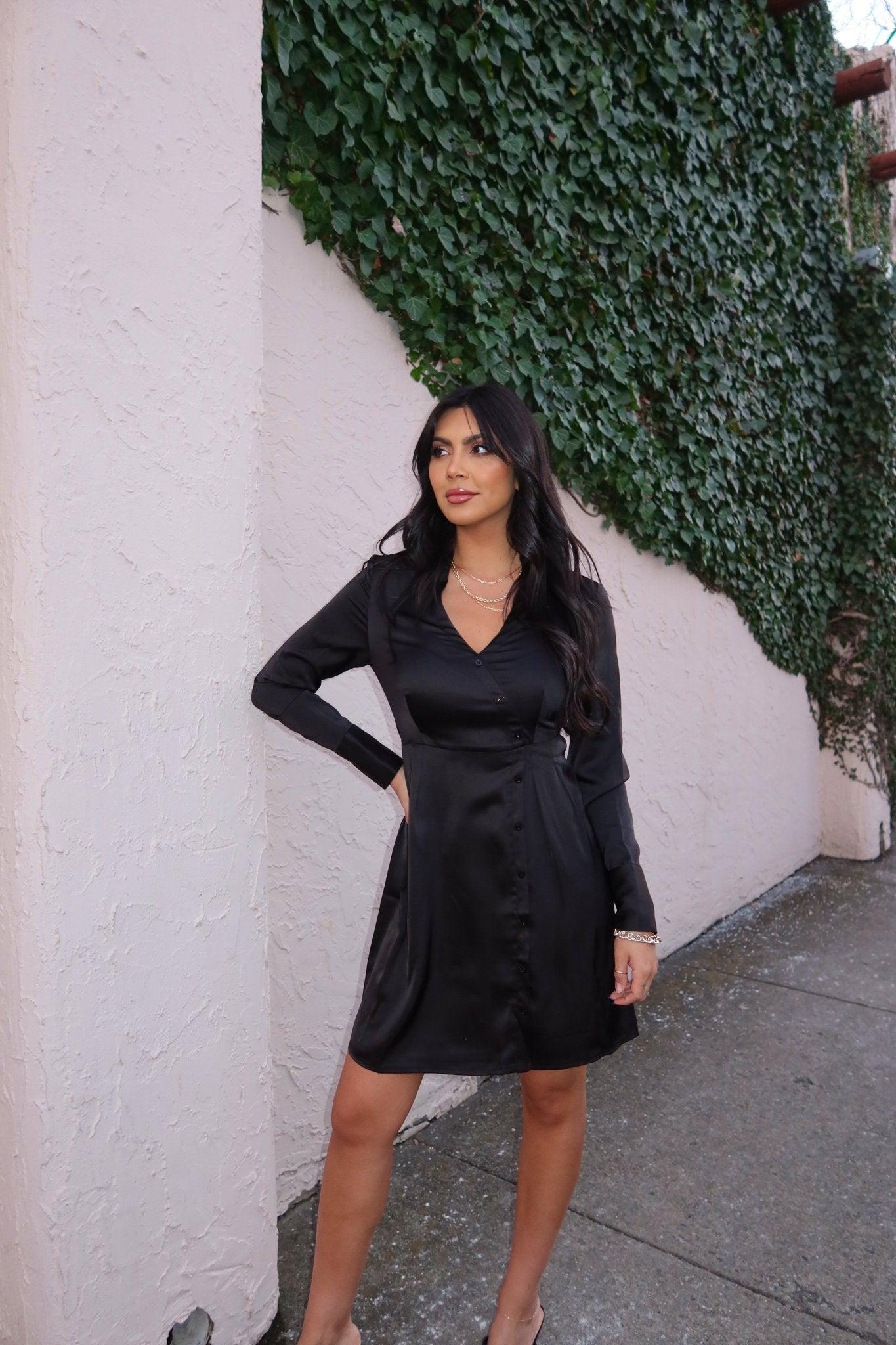 Black V Neck Satin Mini Dress - FINAL SALE Product Image