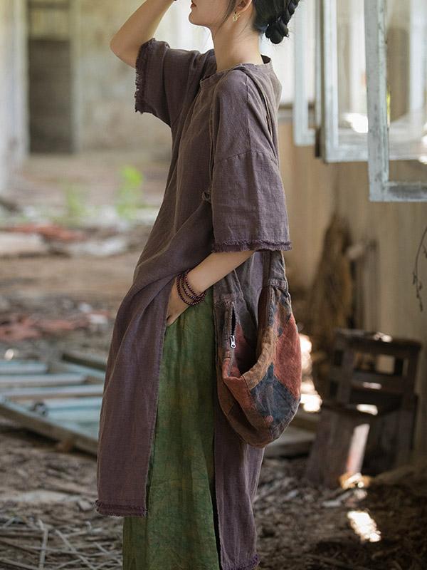 Half Sleeves High-low Fringed Solid Color Split-Joint Split-side Round-neck Midi Dresses Product Image