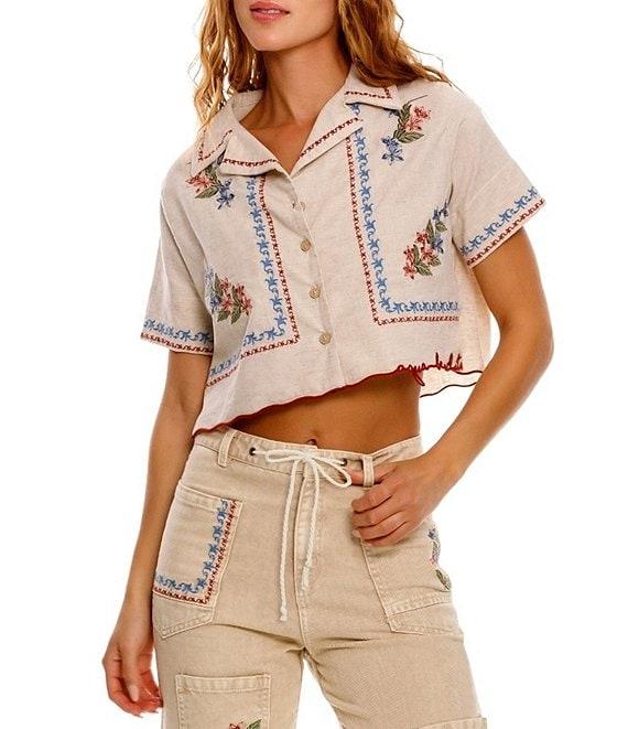 Agua Bendita Itsy Blush Floral Embroidered Notch Collar Short Sleeve Crop Shirt Product Image
