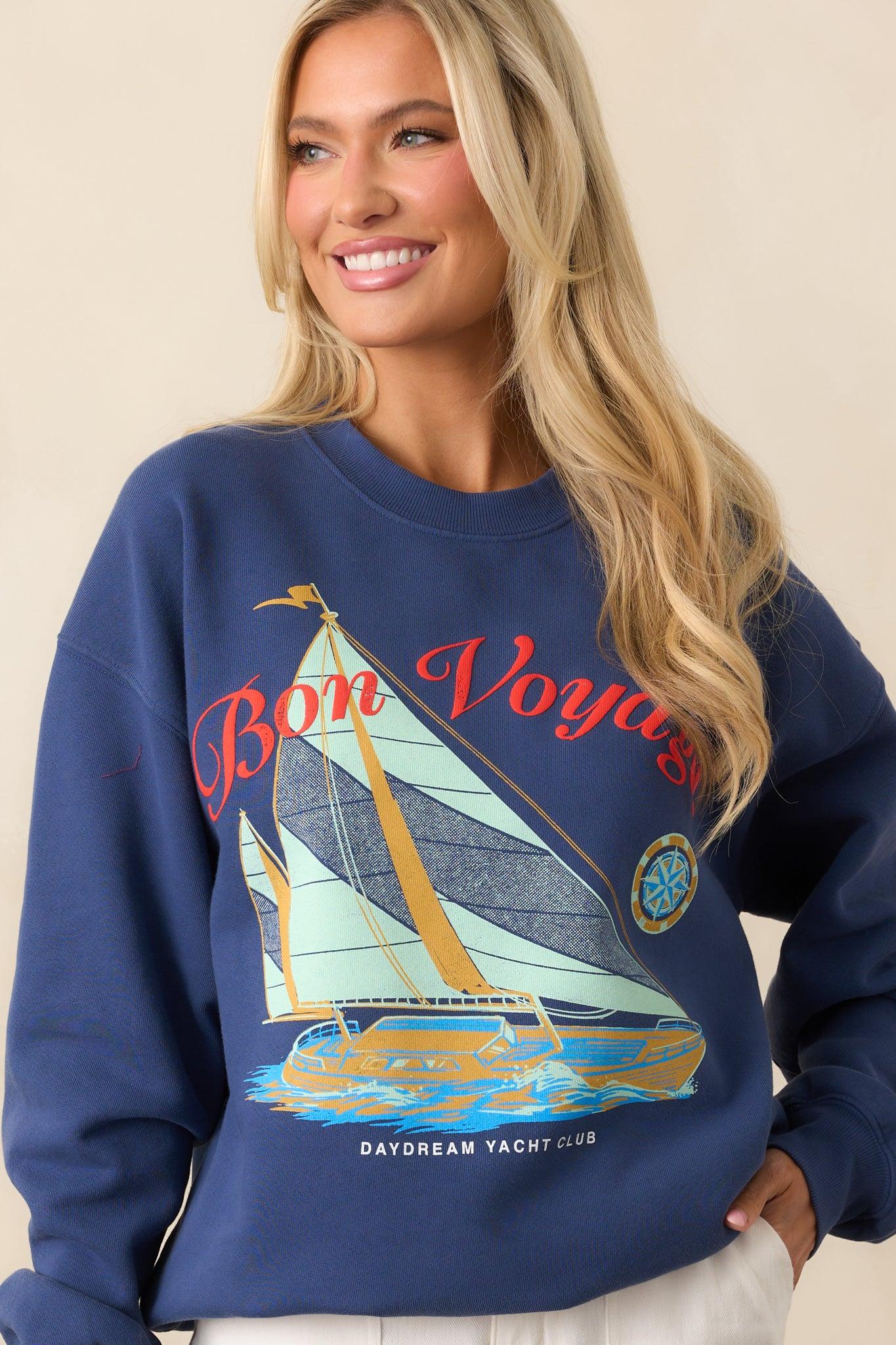 Bon Voyage Washed Indigo Blue Boyfriend Sweatshirt Product Image