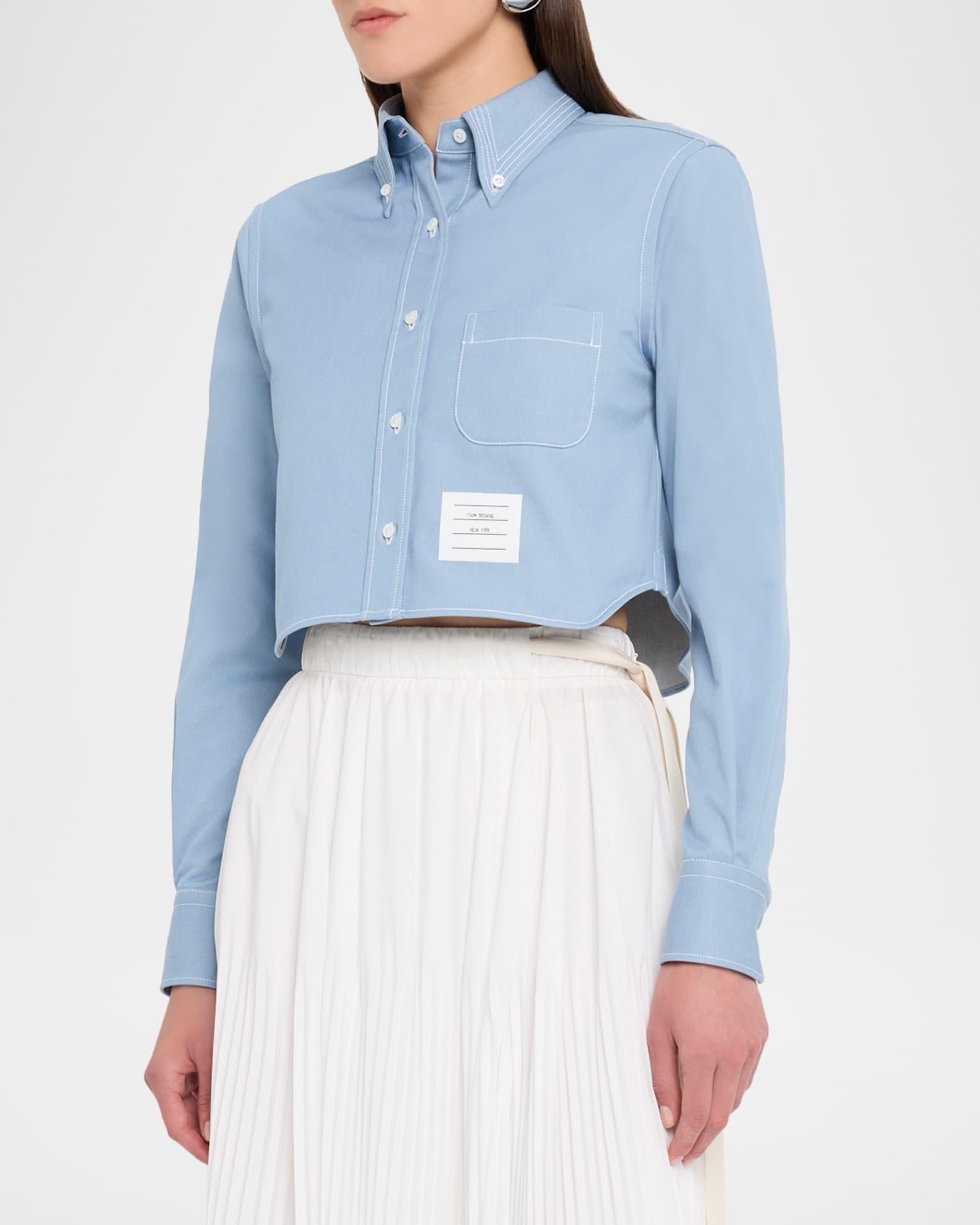 Long-Sleeve Denim Crop Button-Down Shirt Product Image