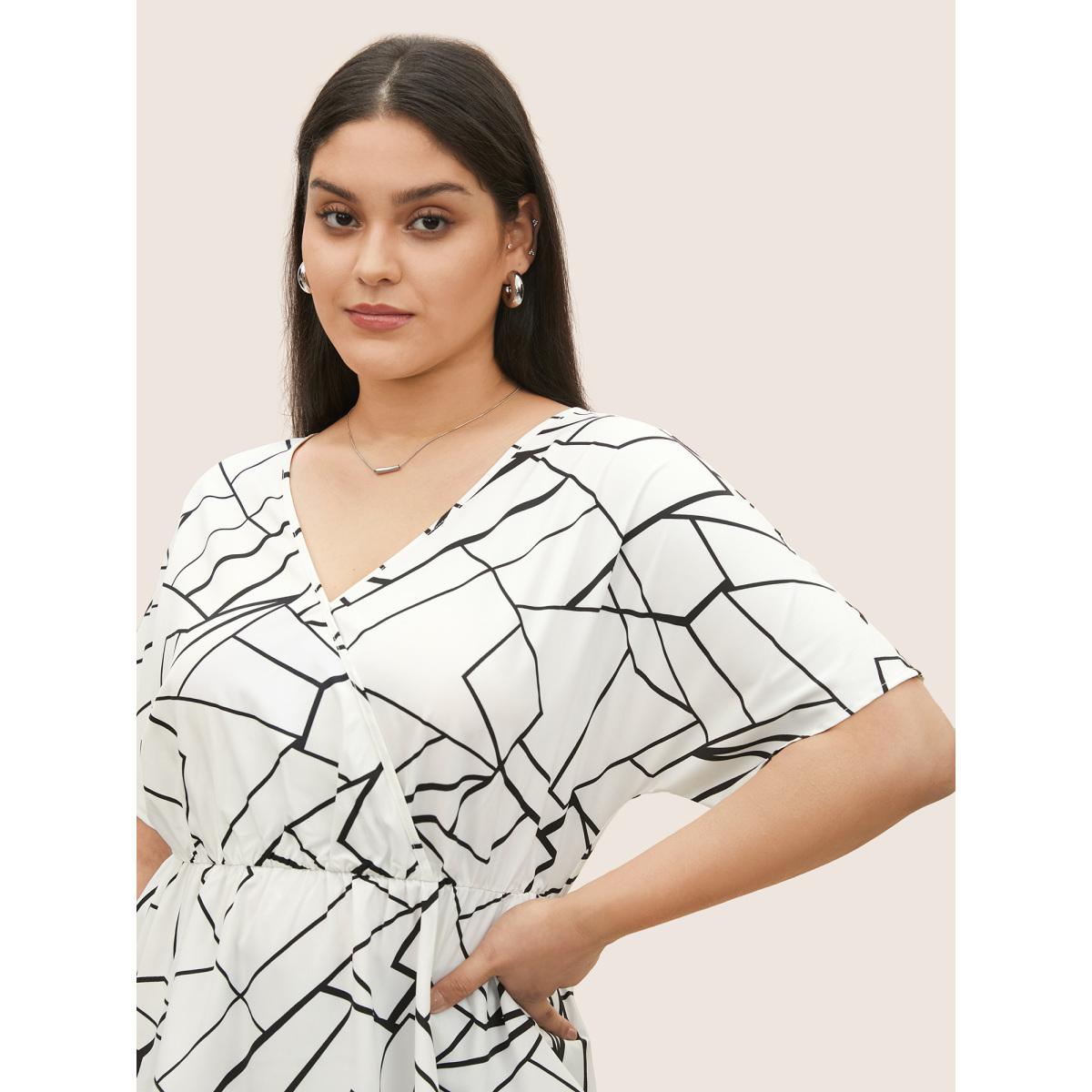 Plus Size Ivory Geometric Overlap Collar Ruffle Sleeve Blouse Women At the Office Short sleeve Overlap Collar Work Blouses BloomChic 12/L Product Image