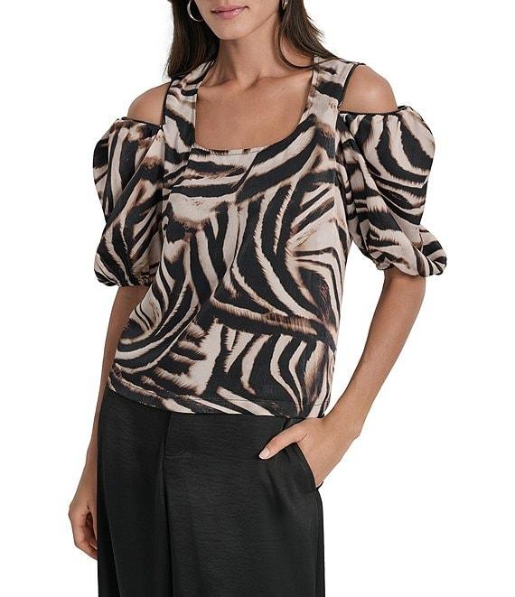 DKNY By Donna Karan Blurred Zebra Satin Puff Sleeve Cold Shoulder Top Product Image