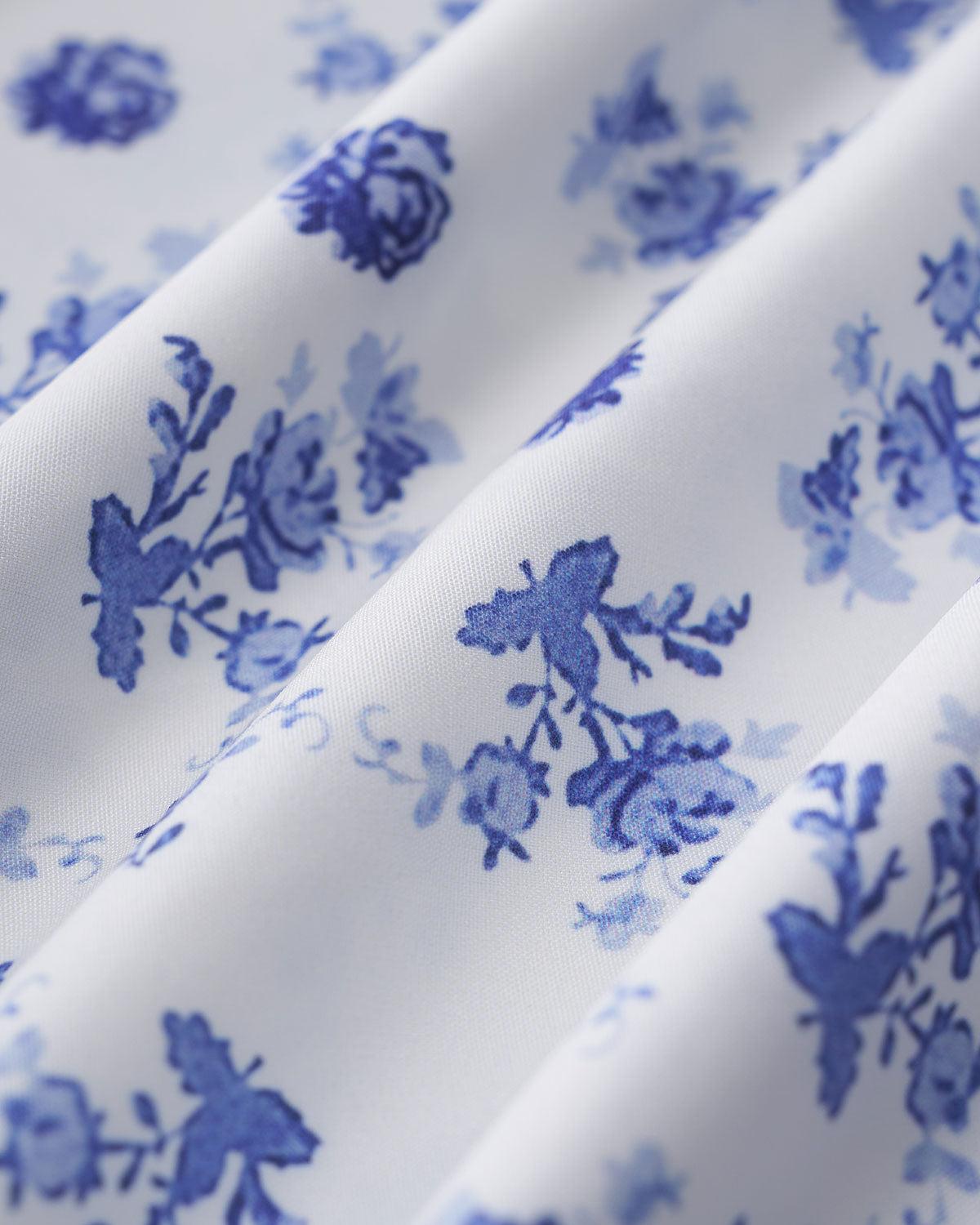 Blue Floral Square Neck Ruched Midi Dress Product Image