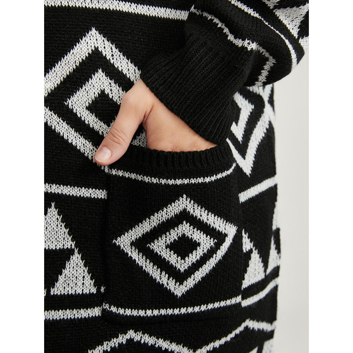 Plus Size Geometric Contrast Pointelle Knit Jacquard Pocket Button Front Cardigan BlackFlower Women Casual Loose Long Sleeve Dailywear Cardigans BloomChic 22-24/3X Product Image