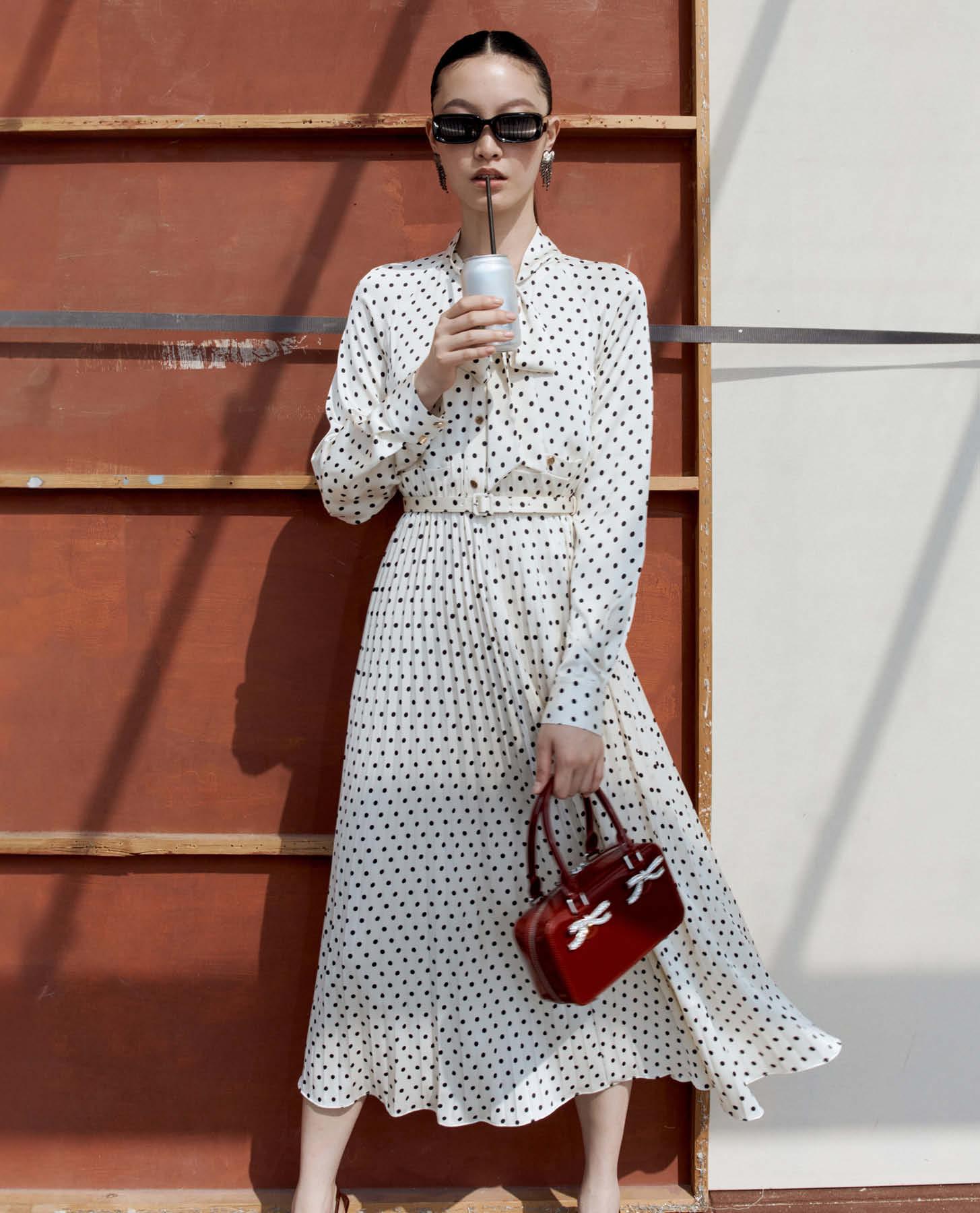 Cream Polka Dot Satin Midi Dress Product Image