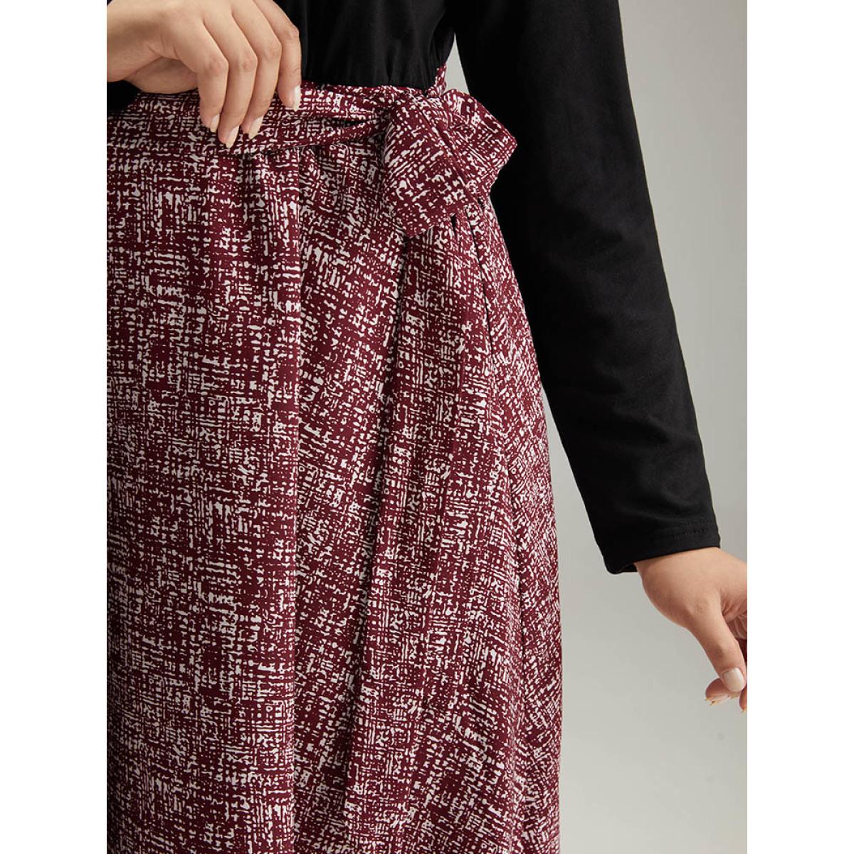 Plus Size Patchwork Contrast Belted Crew Neck Dress Black Women Office Belted Round Neck Long Sleeve Curvy Midi Dress BloomChic 12/L Product Image