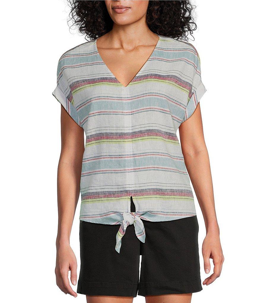 Westbound Petite Size Meadow Stripe Short Sleeve V-Neck Tie Front Top Product Image