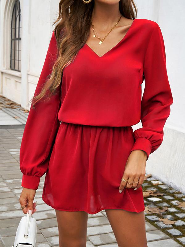 A-Line High Waisted Elasticity Pleated Solid Color V-Neck Mini Dresses Product Image