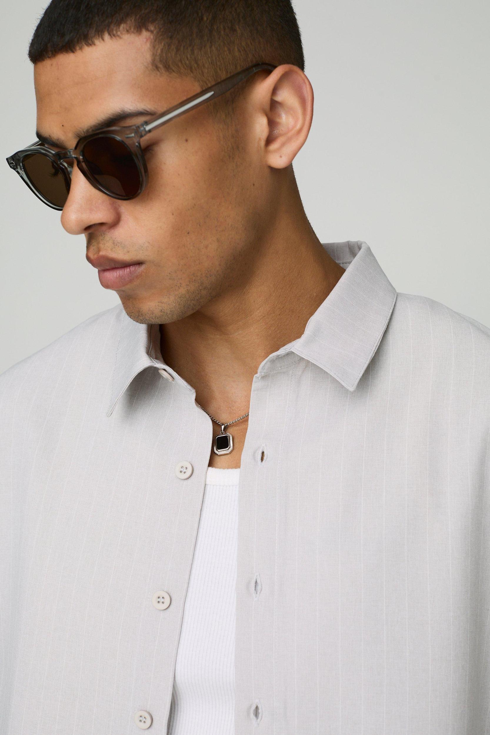 Oversized Pinstripe Linen Look Shirt Jacket | boohooMAN USA Product Image