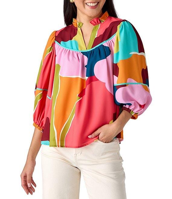CROSBY by Mollie Burch Rosie Poppy Printed Split V-Neckline Long Sleeve Coordinating Top Product Image