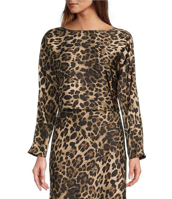 Antonio Melani Blyss Leopard Print Satin Boat Neck Long Sleeve Coordinating Blouse Product Image