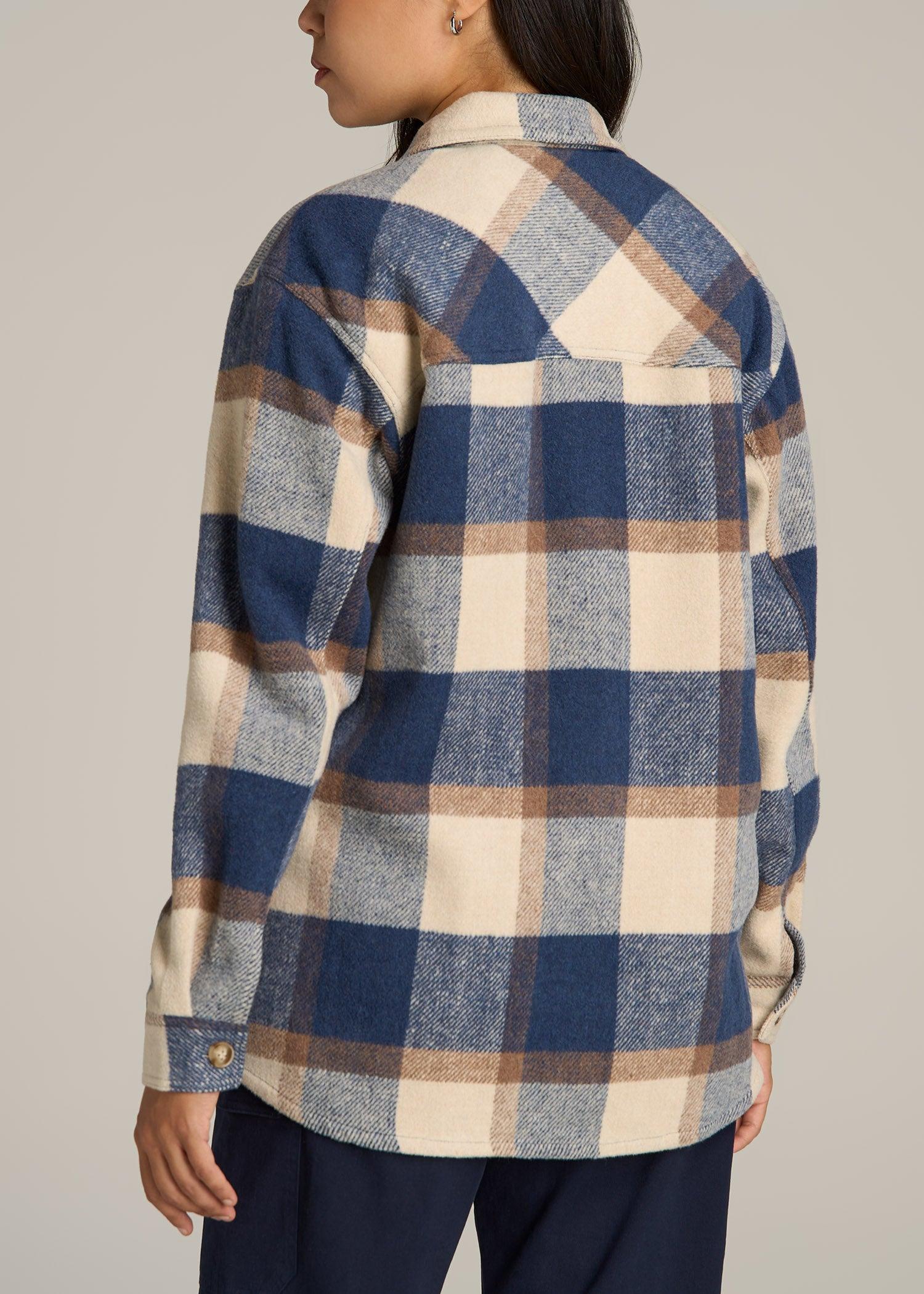 Flannel Shacket for Tall Women in Cream and Denim Blue Plaid Female Product Image