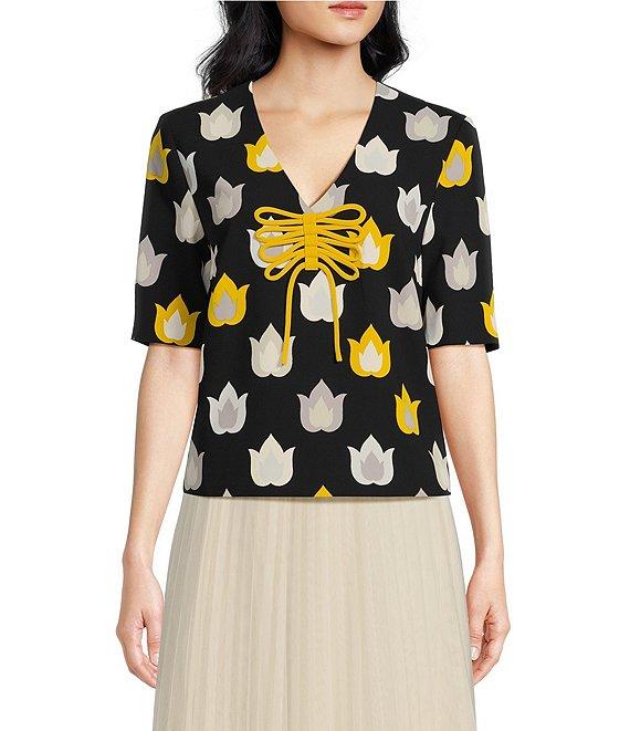 Tara Jarmon Thylane Woven V-Neck Short Sleeve Faux Lacing Detail Top Product Image