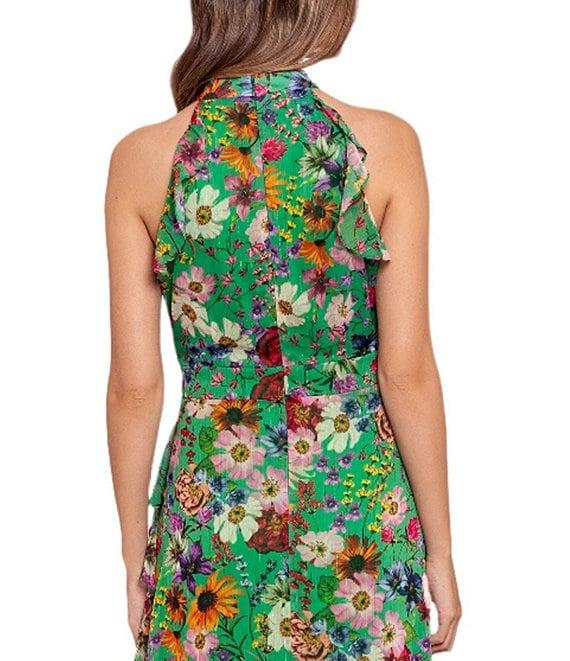 Betsy & Adam Halter Neck Sleeveless Ruffle Front Floral Chiffon Maxi Dress Product Image