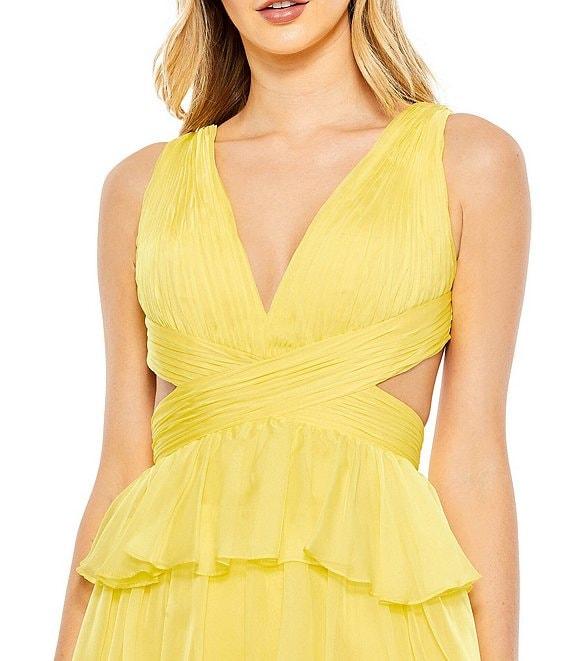 Mac Duggal V-Neck Sleeveless Side Cut Out Back Detail Tiered Ruffle High-Low Gown Product Image
