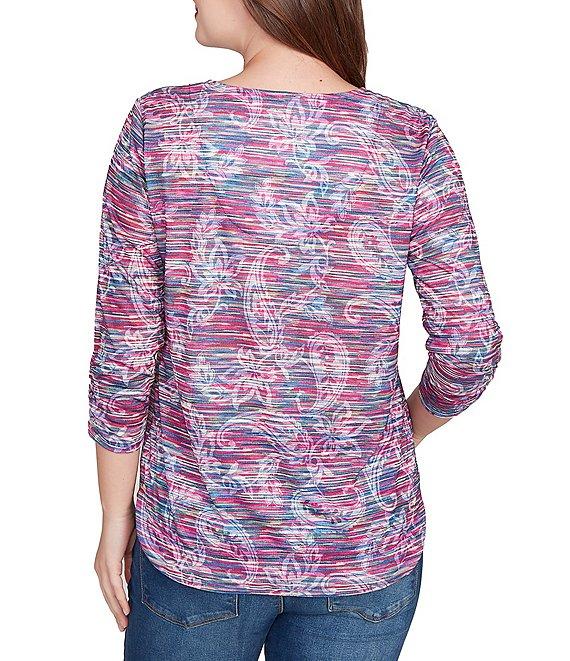 Ruby Rd. Slub Jersey Knit Paisley Keyhole Neck 3/4 Ruched Sleeve Top Product Image