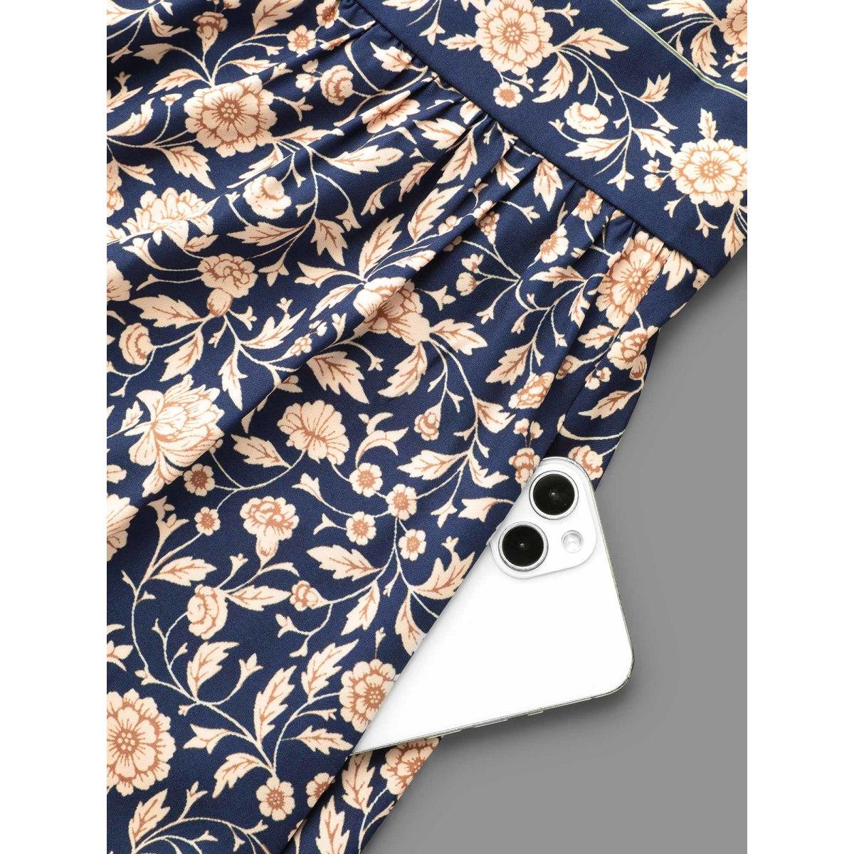 Plus Size Surplice Neck Boho Print Elastic Waist Dress Indigo Women Resort Non Overlap Collar Long Sleeve Curvy BloomChic 12/L Product Image