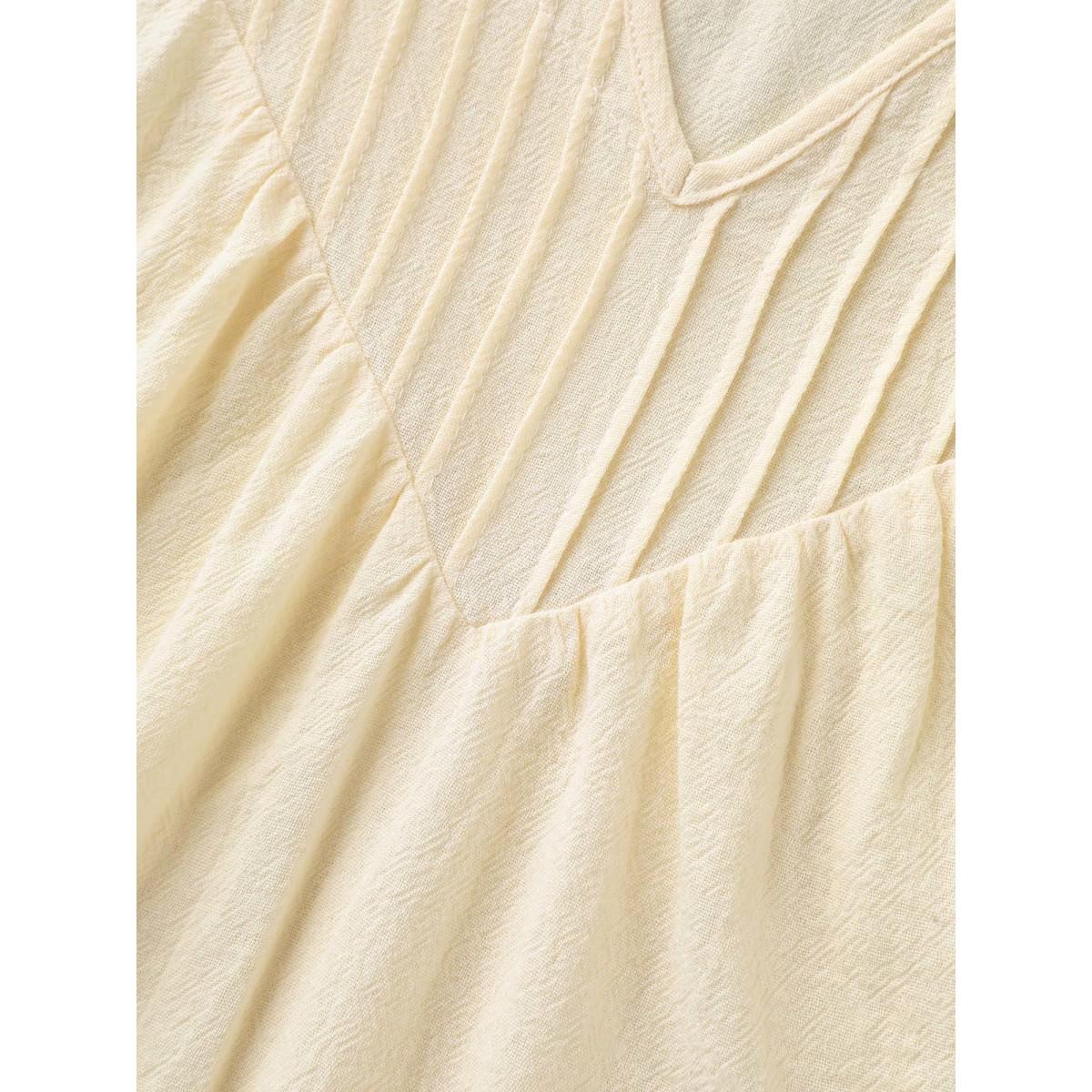 Plus Size Beige Cotton Stripe Neckline Notched Pleated Sheer Blouse Women Short sleeve Flat collar with V-notch Vacation Blouses BloomChic 12/L Product Image