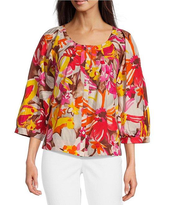 FRANCES VALENTINE Zoe Sun Floral Print Scoop Neck 3/4 Sleeve Blouse Product Image