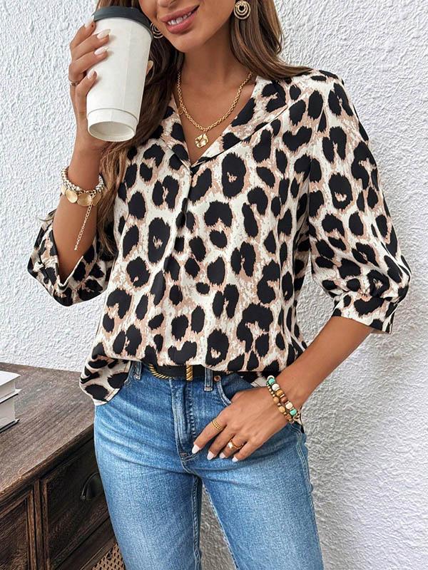 Loose Three-Quarter Sleeves Leopard Pleated Split-Joint Lapel Blouses&Shirts Tops Product Image