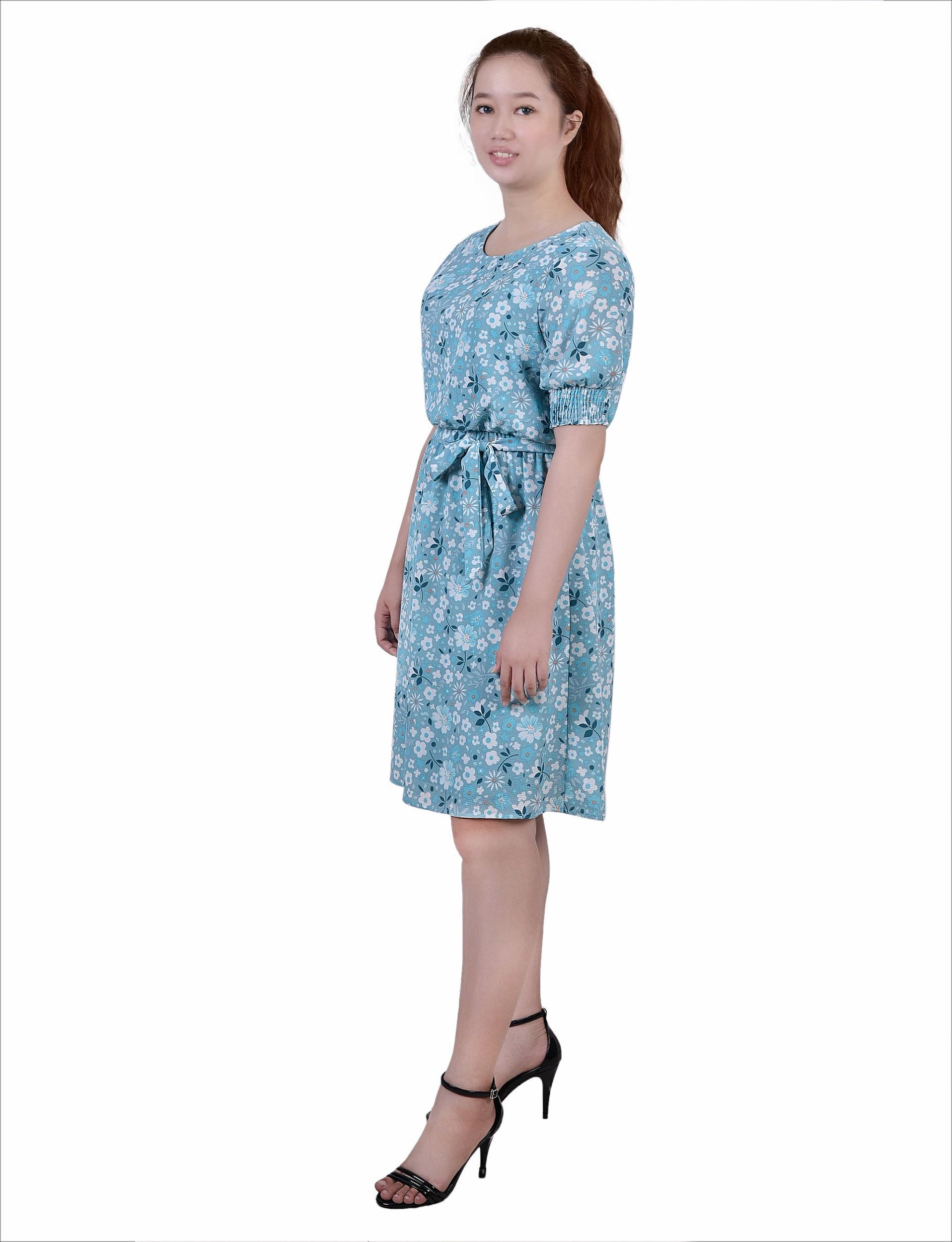 Teal Disty Floral Short Sleeve Pebble Crepe Dress Product Image