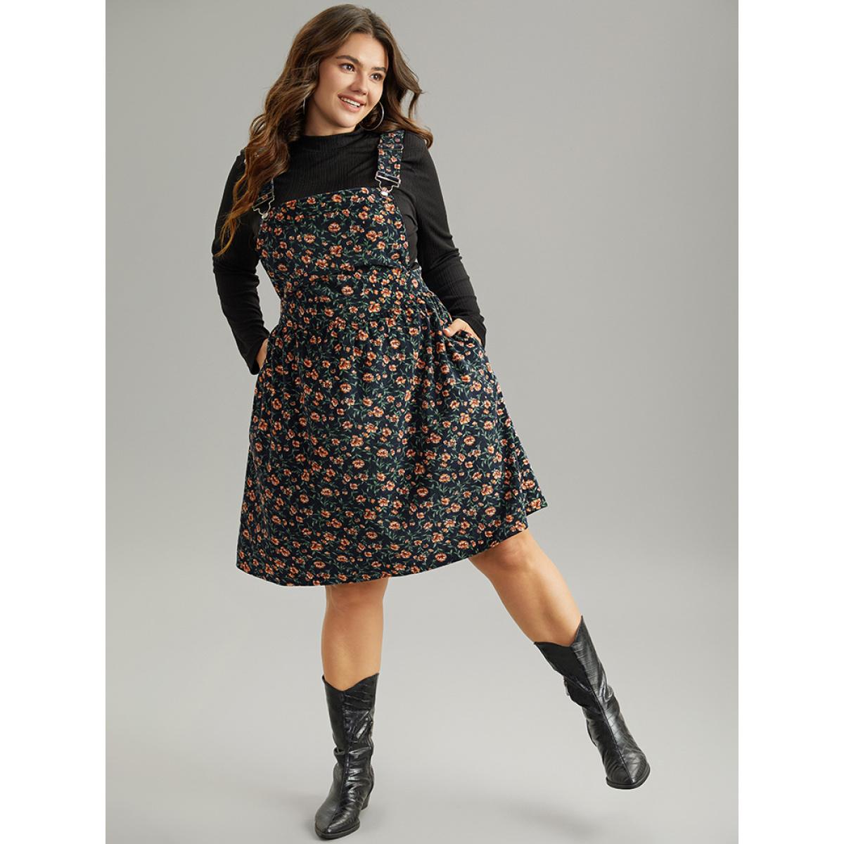 Plus Size Corduroy Ditsy Floral Pocket Adjustable Straps Dress Indigo Women Casual Adjustable Straps Spaghetti Strap Sleeveless Curvy Knee Dress BloomChic 18-20/2X Product Image