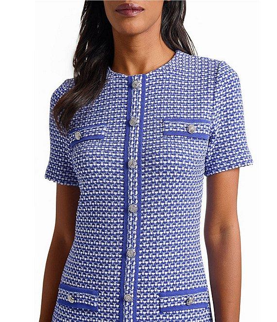 Ming Wang Honeycomb Tweed Knit Crew Neck Short Sleeve Sheath Dress Product Image